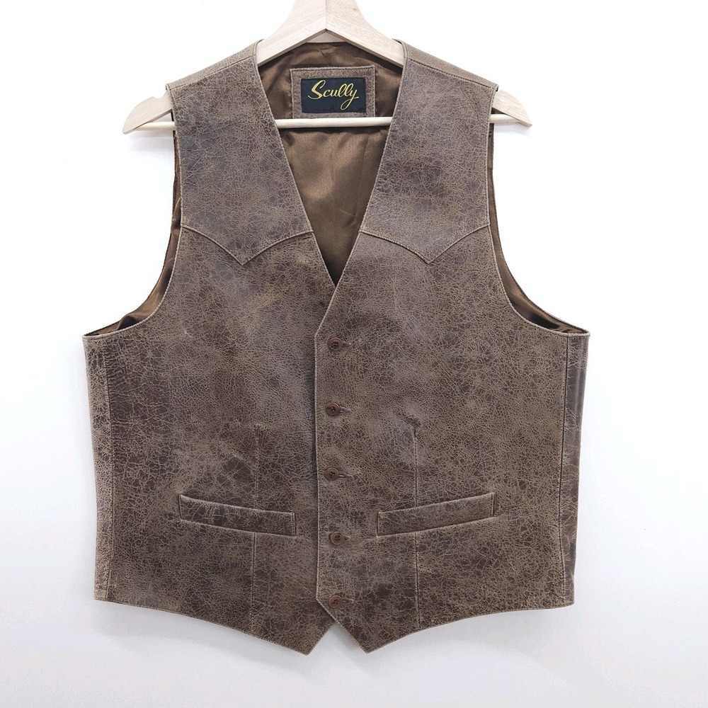 Scully Genuine Leather Button Up Vest Western Brown Distressed Crackled Size 42